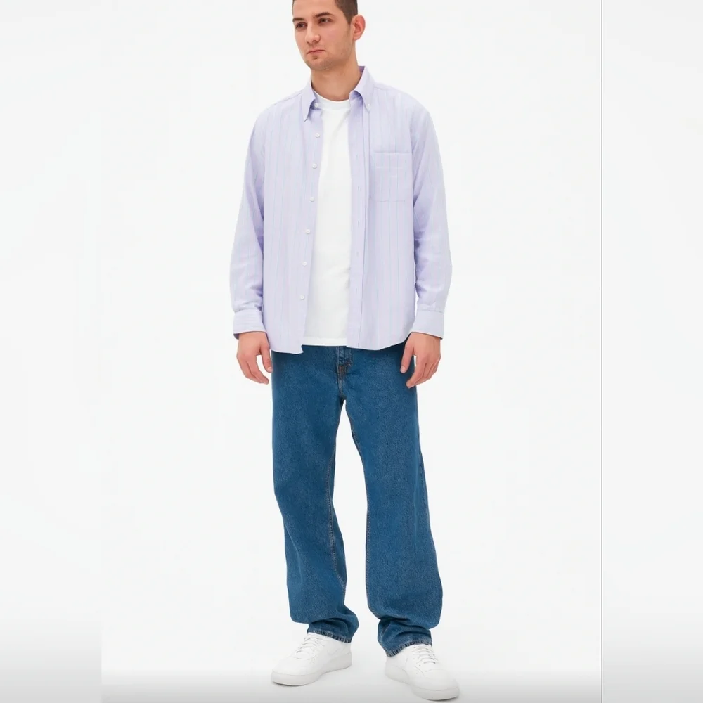 Chaps Oxford button down long sleeve shirt lavender stripe, 17-17.5, 34/35